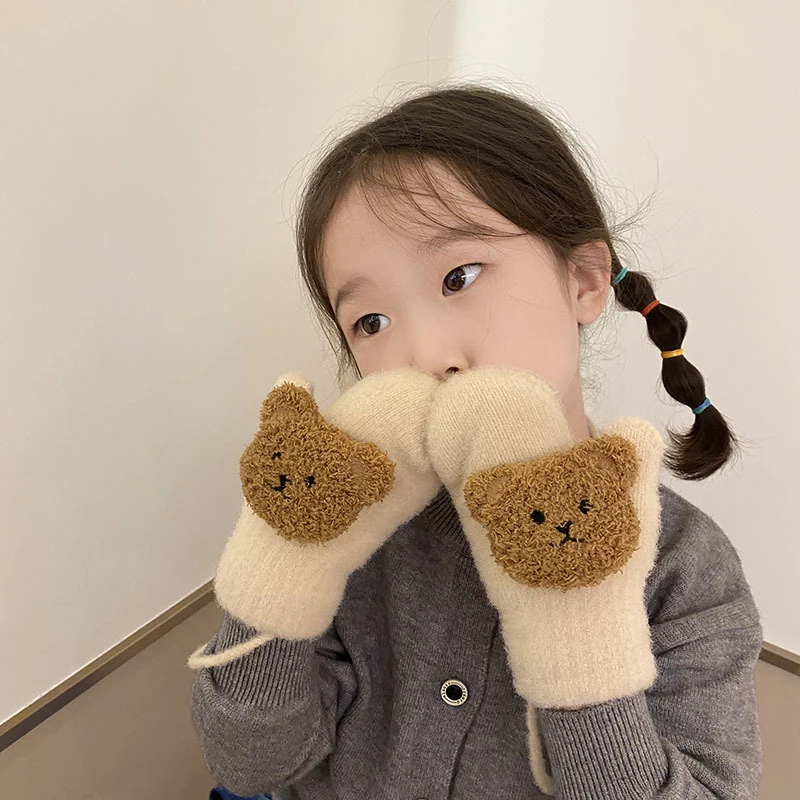 

3-9Y Winter Children Cute Coffee Color Lambs Wool Cartoon Bear Thicken Warm Gloves Boys Girls Soft Neck Mittens Kids Doll Gloves