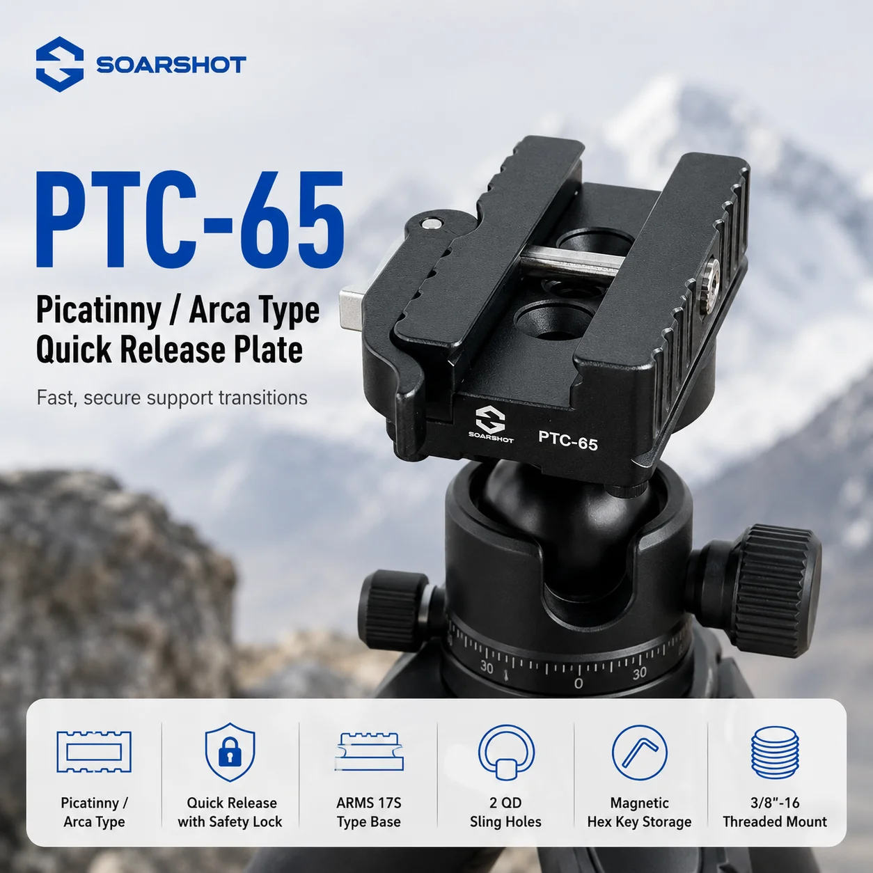 SOARSHOT PTC-65 Picatinny Arca Swiss Quick Release Plate Clamp Adapter ARMS 17S QD Sling Holes CNC Aluminum Tripod Mount