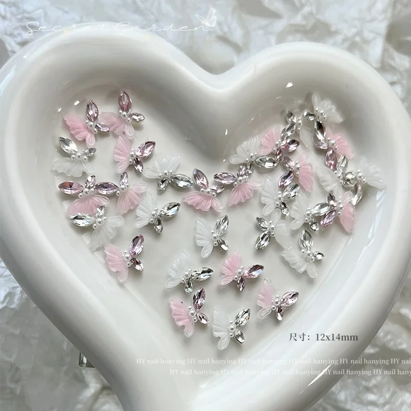 Nail Decorations Butterfly White/Pink Nail Crystal Wings Liquid Ice Crystal Butterfly Nail Diamond Crystal Pearl Rhinestones