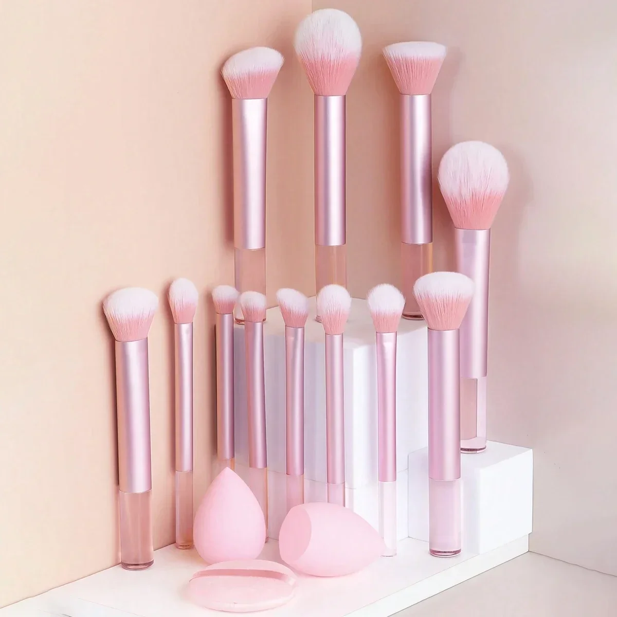 15Pcs All‑in‑One Makeup Tool Kit Aluminum Tube Makeup Brushes Large Beauty Sponges Powder Puff Full Face Daily Cosmetic Tools