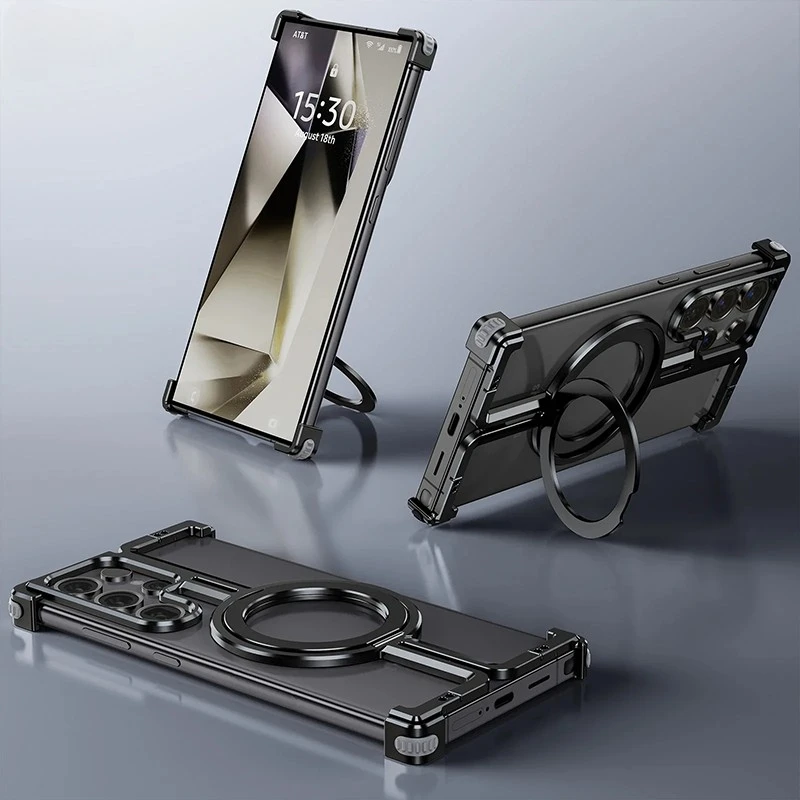 Ring Stand Magnetic Phone Case For Samsung Galaxy S23 S24 Ultra Plus Galaxy Metal Bumper With Finger Ring Holder Phone Cover