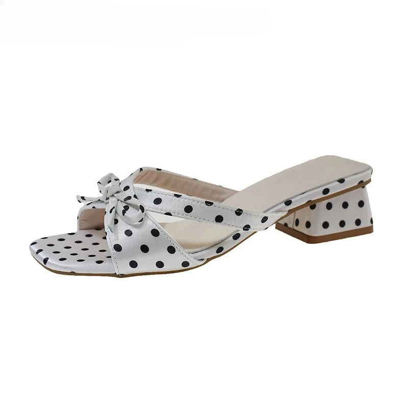 

Elegant Butterfly-knot Vacation Dress Sandalias Gladiator Women Polka Dot Slippers 2026 Summer Thick Heel Mules Shoes