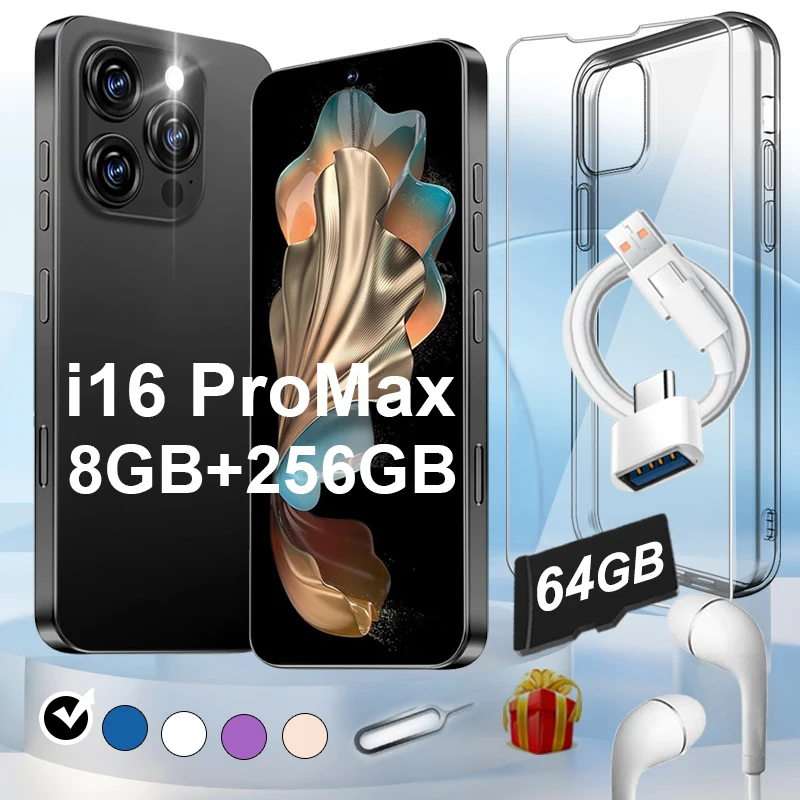 Смартфон i16 Pro Max и набор TF-карт емкостью 64 ГБ для Android, сотовый телефон FHD 6,99 дюйма, Wi-Fi GPS Goodplay Store Приложение Dual SIM/Face ID