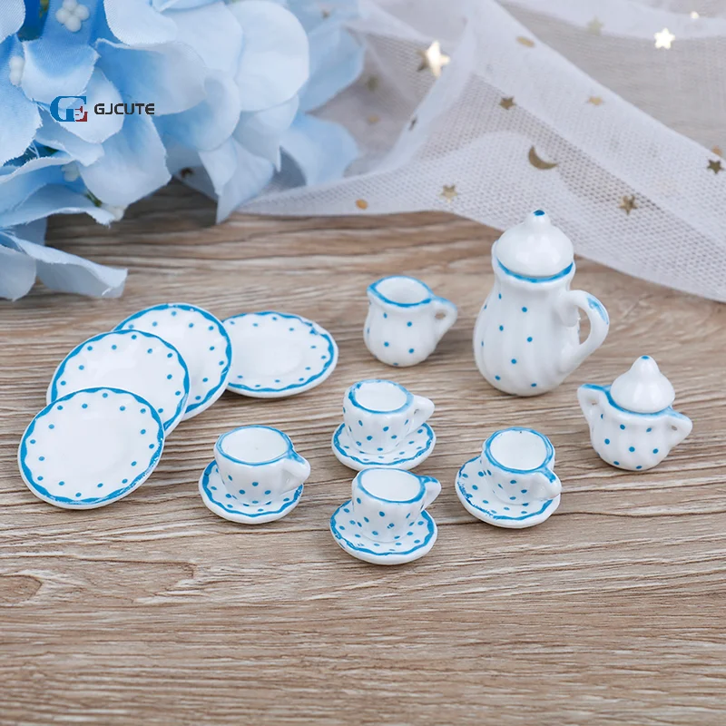 

15Pcs 1:12 Dollhouse miniature blue dot tableware porcelain coffee tea cups set