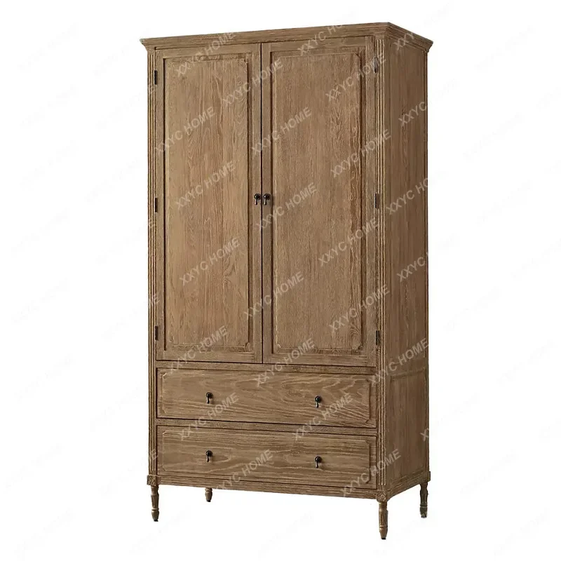 L  Country Old Retro Solid Wood Wardrobe Two Doors Carved Log Color Overall Wardrobe Oak Furniture Customization