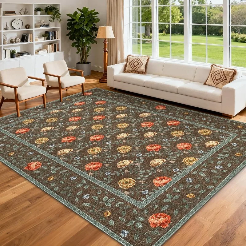 

Floral Living Room Carpet Retro Pastoral Art Design Bedroom Plush Rug Foldable Machine Washable Non-slip Cloackroom Mat 러그 Tapis