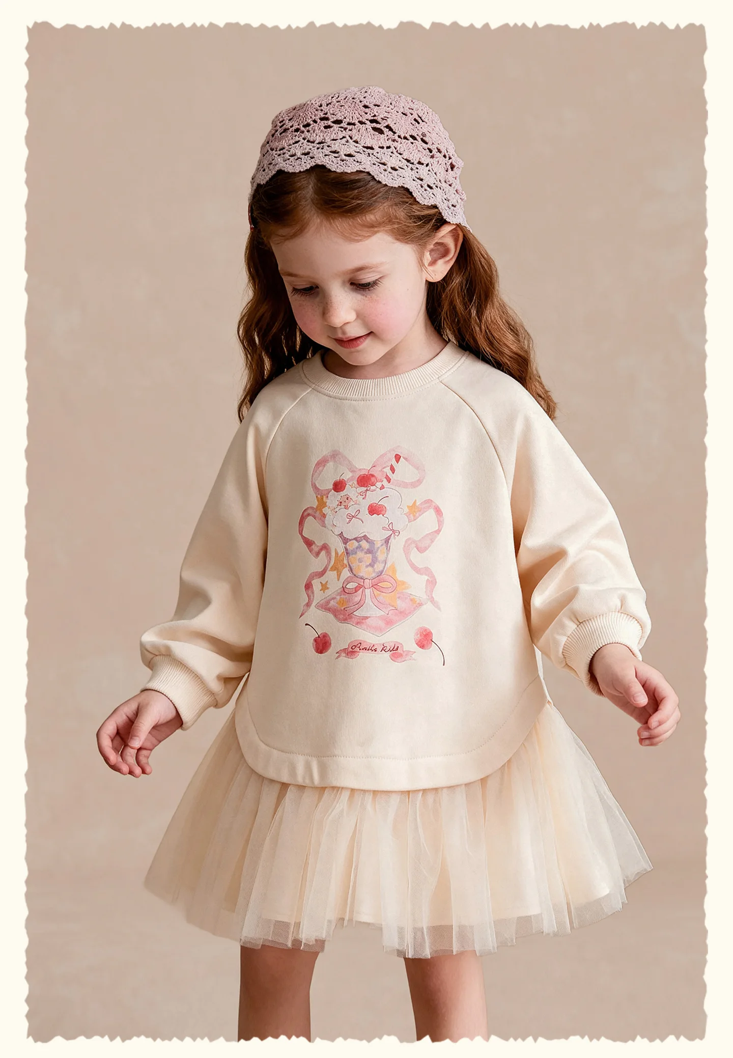 Amila 2026 Herbst Neues Kinder-Mädchen-Mesh-Splice-Kleid Niedliches Eiscreme-Muster Süßes Liebliches Prinzessinnen-Partykleid – Detail 14
