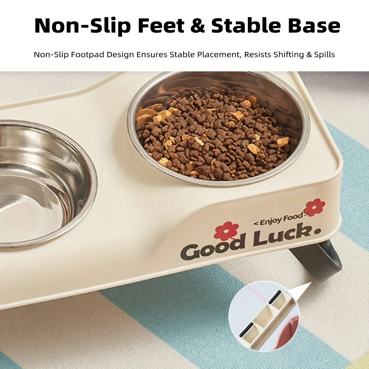 Stainless steel double-bowl elevated pet feeding bowl with non-slip foldable stand suitable for small to medium dogs and cats view 5