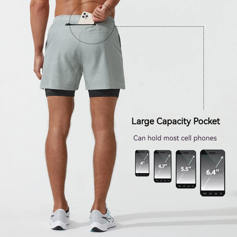 (S-2XL)Men's Quick Dry Breathable Sports Shorts with Double Layer Trunks Summer Crossfit  Fitness Short Pants with Back Pocket