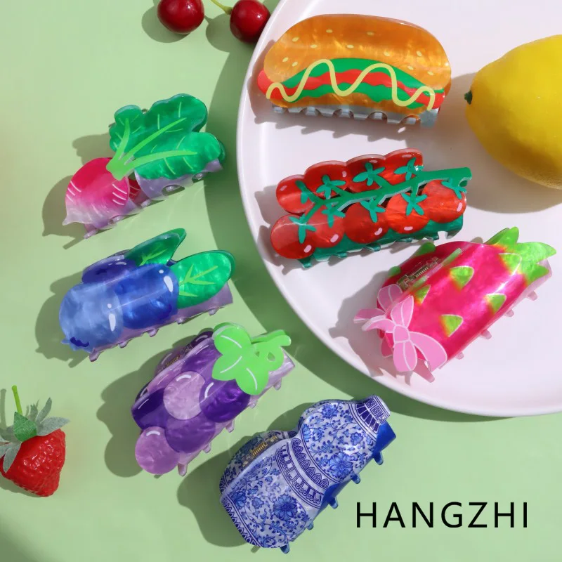 HANGZHI Creative Hot Dog Hair Clip Colourful Dragon Fruit Grape Tomato Shark Clip Personalised Fun Hair Accessories for Women
