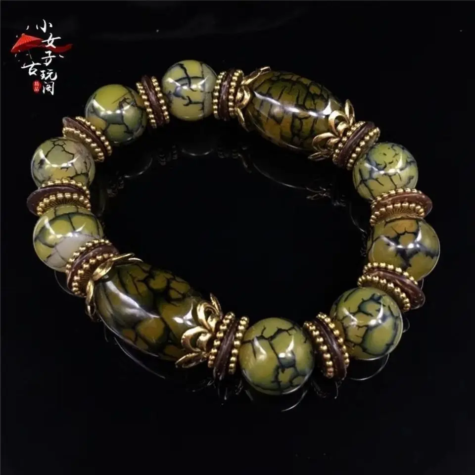 Authentic Tibetan Three Nine Eyed Heavenly Beads Hand Chain with Dragon Pattern Agate Bracelet Male Couple Retro Buddhist Beads