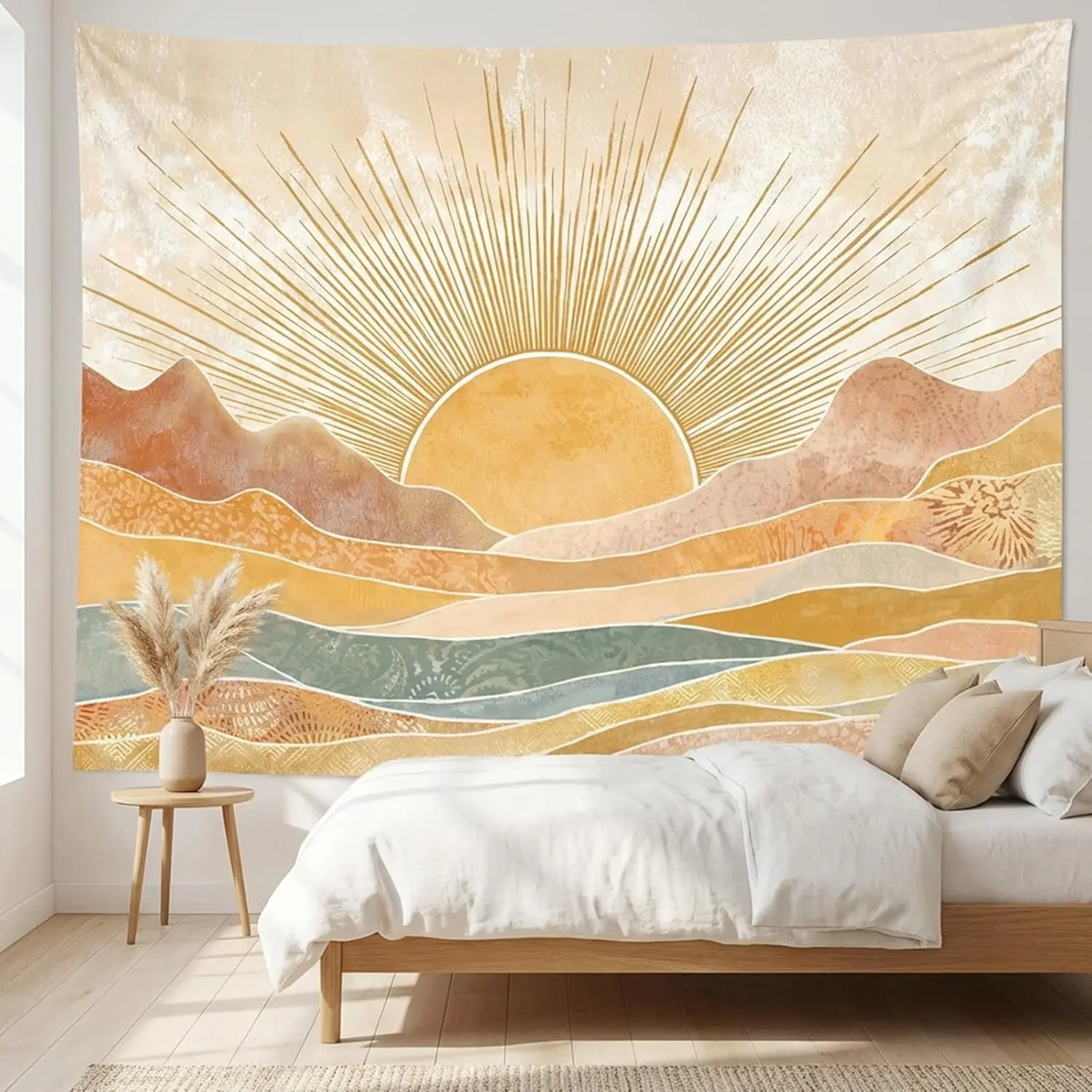 Boho Sonnenberg Wandteppich, Vintage Minimalistischer Sonnenuntergang Geometrischer Bohemian Abstrakter Kunst-Wandbehang für Schlafzimmer Wohnzimmer