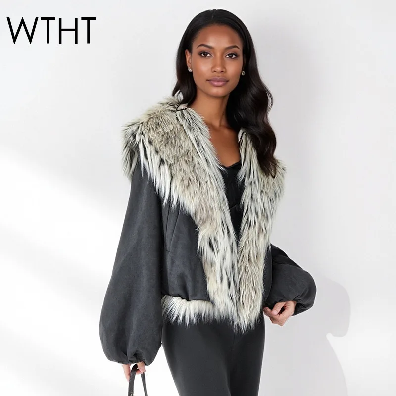 WTHT العصرية موضة المرأة 2025 الشتاء أفخم التلبيب طوق مبطن سترة جديدة طويلة الأكمام معطف دافئ الإناث 1LS2681