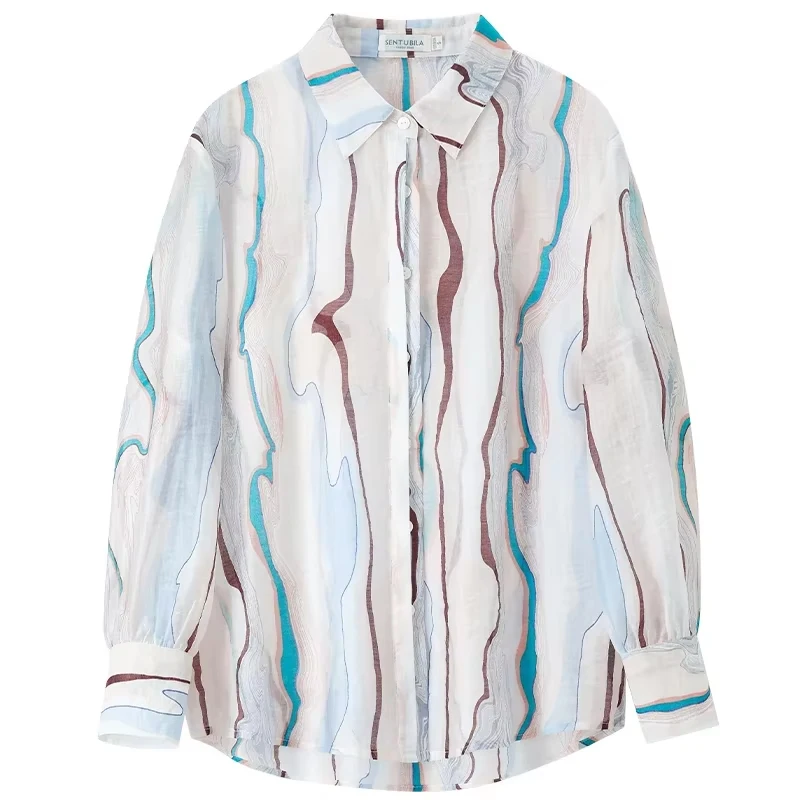 SENTUBILA Thin Sheer Printed Shirts Office Lady Long Sleeve Womens Chiffon Tops and Blouses 2025 Spring Woman Clothing Q23C44421