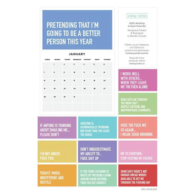 Wall Calendar with Spacious Writing Space, Adulting Is Hard, Funny Planner, Work Area, 2025