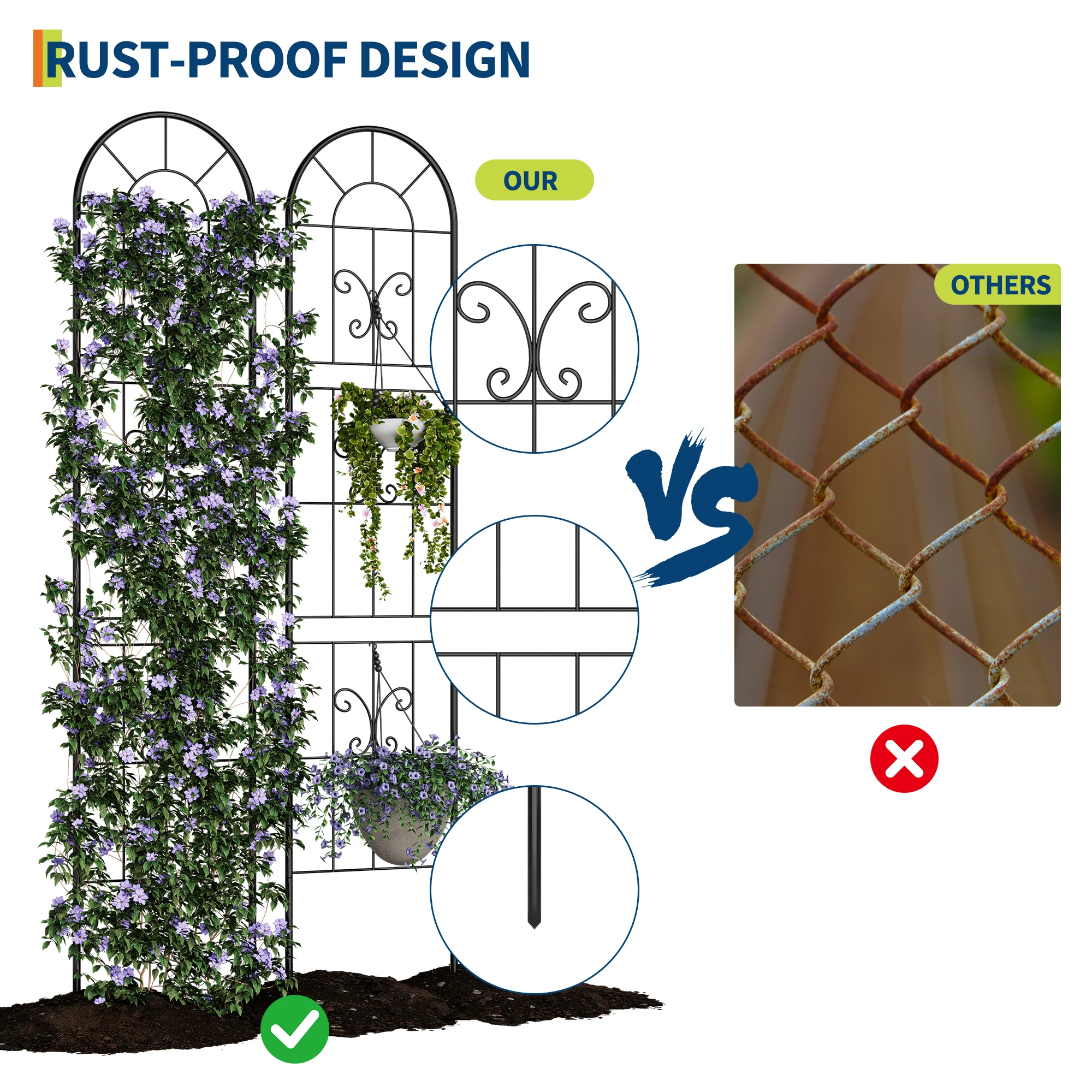 Heavy Duty Black Metal Garden Trellis Panel - 55x12 Inch Outdoor Decorative Fence - Rustproof Plant Support for Climbing Vines, Roses, Flowers, Vegetables - Patio, Lawn & Pots - 4 Pack