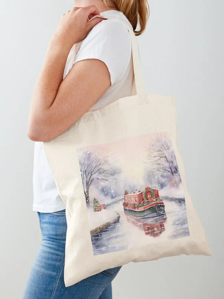 

Christmas Canal Boat Christmas Narrowboat Christmas Houseboat Tote Bag Big bag women Canvas stote bag canvas shopping