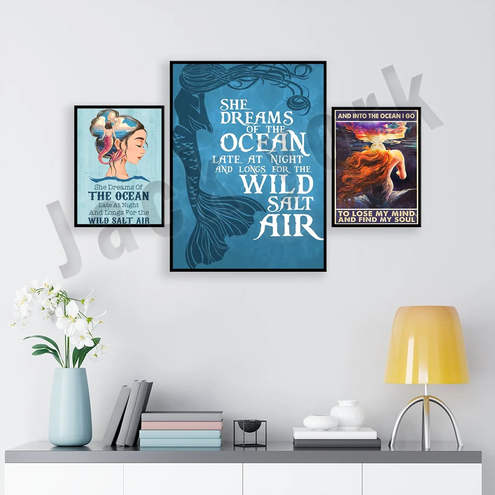She dreams of the ocean late at night, longs for wild salt air mermaid prints, mermaid girl ocean soul poster, mermaid hippie ar