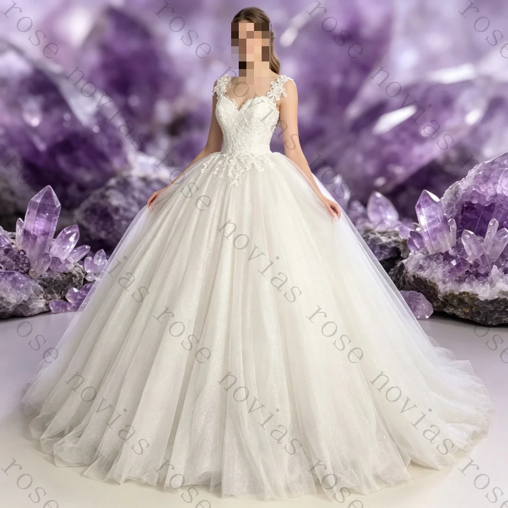 Customized Luxury Extra Long Train Bridal Gowns V Neck Lace Strap Sparkly Glitter Tulle Voluminous Ballgown Wedding Dresses