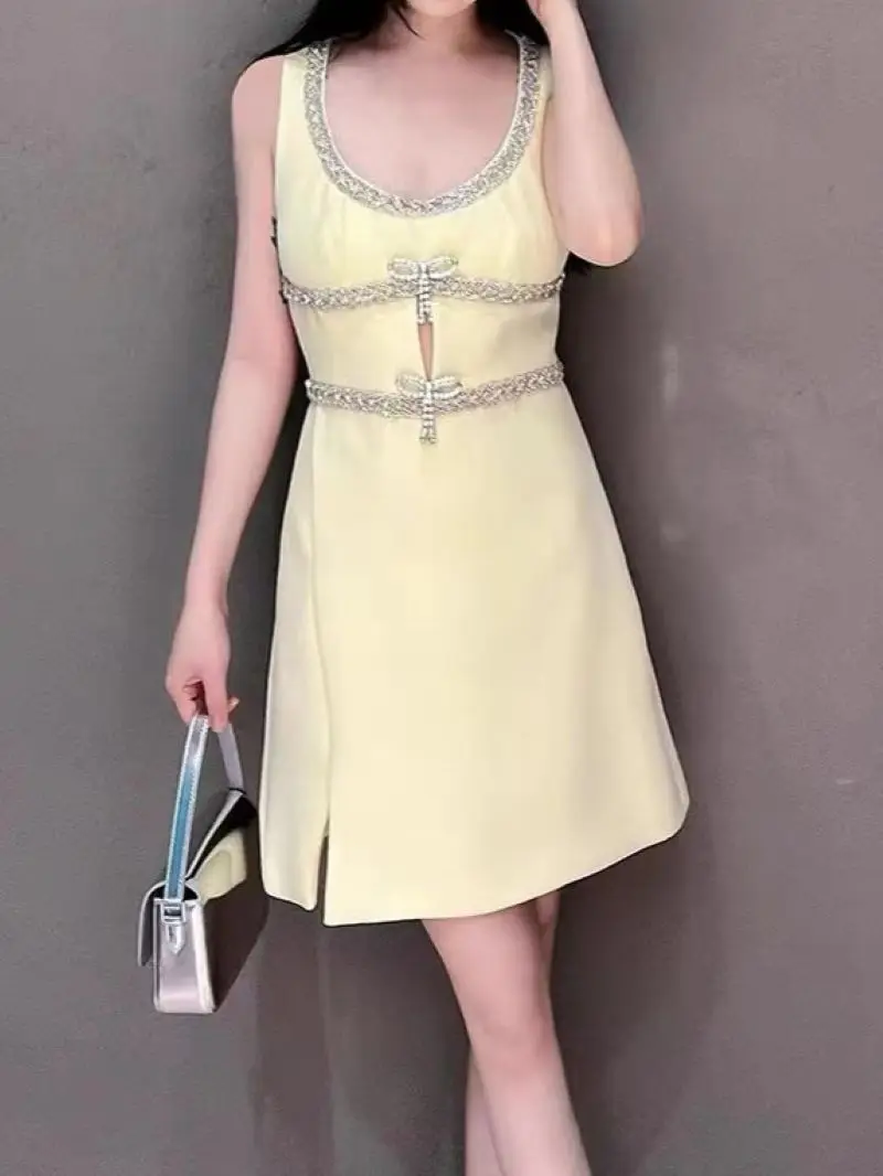 

Women Bow Beaded Sling Dress Hollow Out High Waist U-Neck Sleeveless Sweet Autumn 2024 Mini Robe