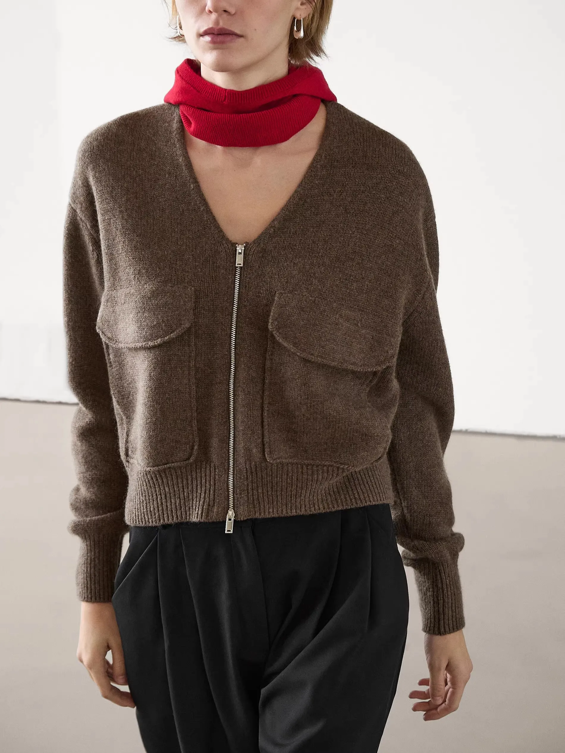 Ethereal MD 2025 massidutti automne nouveau style de femmes décontracté relié marron col en v laine mélange fermeture éclair tricoté cardigan veste