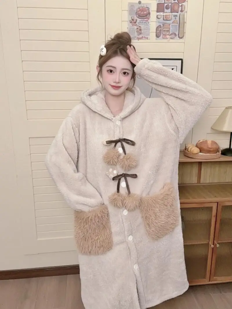 Pijamas de mujer, ropa de dormir cómoda, conjunto de pijama de algodón para invierno y otoño, bata de oso de leche de lana Coral, traje para casa grueso para adolescentes