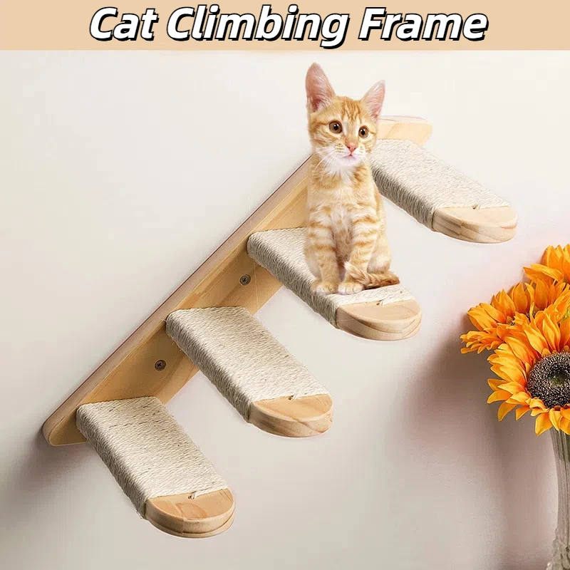 Wall-Mounted Cat Climbing Ladder, Strong and Wear-Resistant Hemp Rope Wooden Cat Climbing Toy Climbing Frame Multi-Layer Ladder