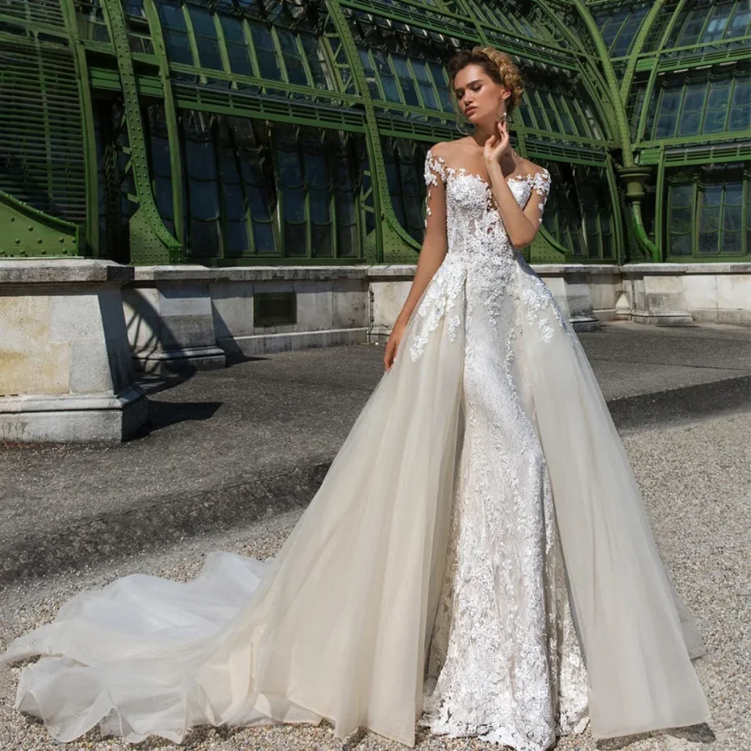 

Съемные сексуальные свадебные платья русалки по индивидуальному заказу с открытыми плечами и бисером, кружевные аппликации, винтажные платья 2 в 1, Vestidos De Novia