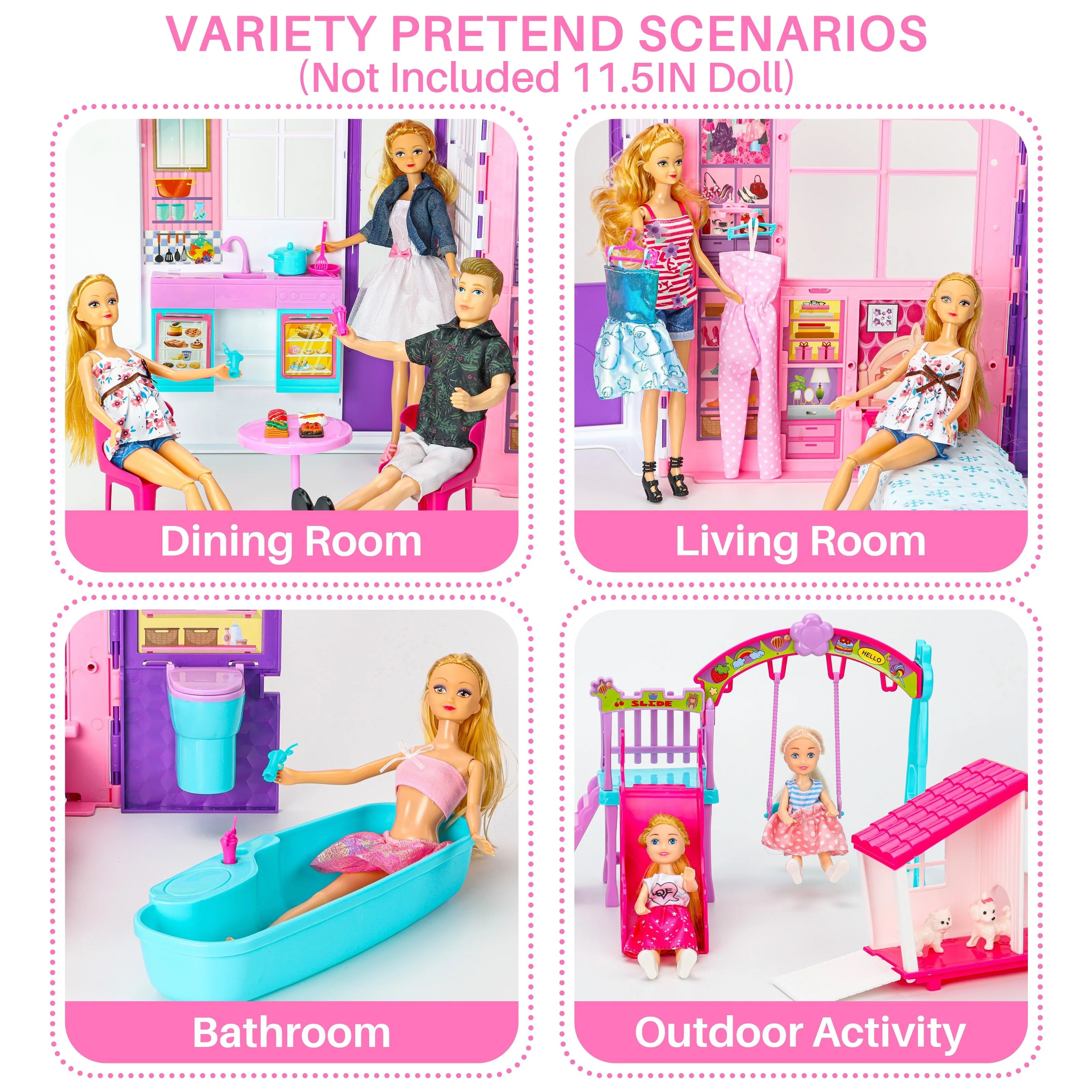 Casa de muñecas portátil y plegable para niños, ropa y accesorios, juguete de casa de juegos con dormitorio, baño y cocina, 1 Juego