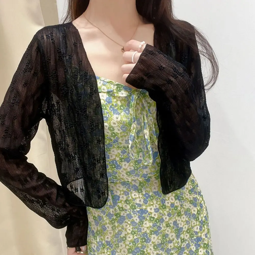 Einfache florale Schnür-Cardigan, durchsichtig, Strandkleidung, Sonnenschutz, Tops, Schal, französischer Stil, Mesh-Blumen-Cardigan für Damen