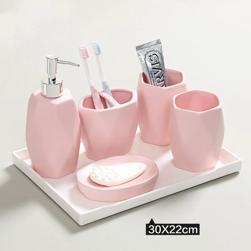 Pink Ceramic Bathroom Toiletry Set-Pure Color Bathroom Five-piece Set-Household Accessories Set-Press Bottle-Bathroom Kit Suppli