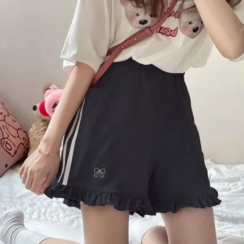 New 2025 Summer Sports Shorts Women Japanese Bow Embroidery Loose Ruffles Cute Woman Short Pants Young Girl