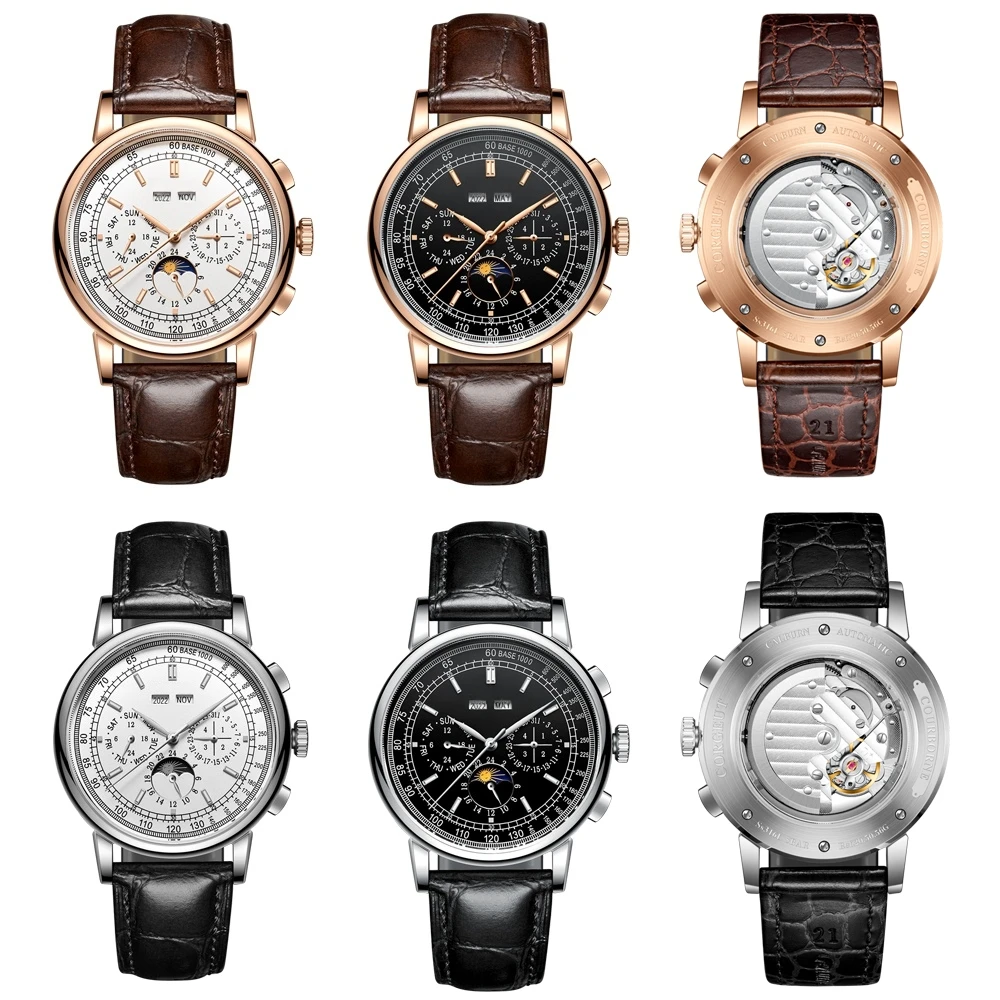 42MM Men's Watch ST1655 Auto Movement Custom Logo Year Date Multifunctional Indicator Sun and Moon Leather Band Polished Silver