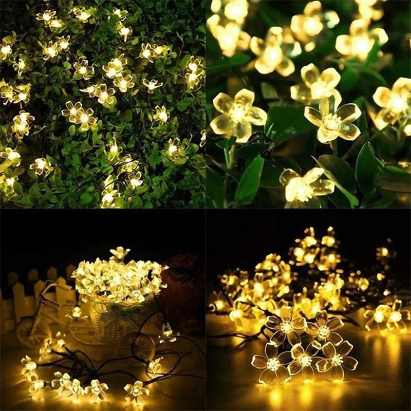 Outdoor 8 Modes Cherry Blossoms String Lights Solar Sakura LED Light Decor Wedding Garden Tree Fence Christmas Party Holiday