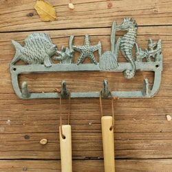 Antique Green Cast Iron Wall Mounted Hook With 4 Hangers Sea Fish Sea Star Sea Shell Sea Horse Sea Grass Theme Home Decoration