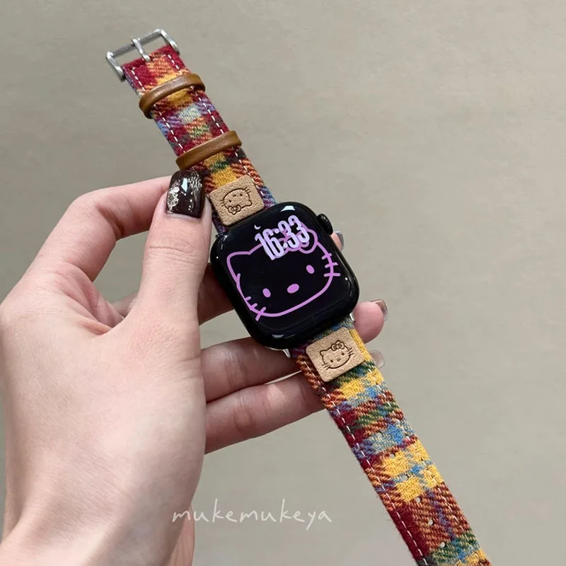 Miniso Kittys Rainbow Chequer Watch Band Women for Apple Watch 38mm 40 42 45 44mm 9 8 7 6 5 for IWatch Ultra Strap Girl Gift