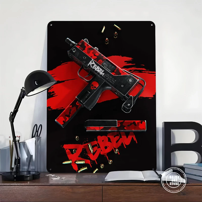 Rebel Themed Submachine Gun Metal Poster Customized Wall Art Retro Vintage Tinplate Signs for Luxury Home Decor Items Man Cave