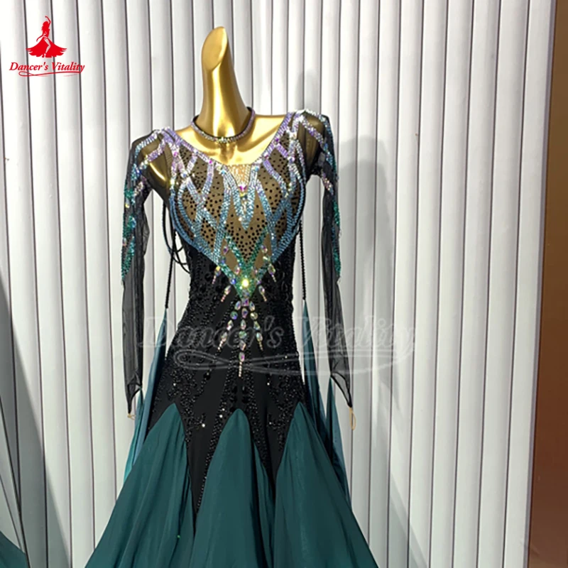 Weiblicher Gesellschaftstanz, langärmelig, allmählicher Farbwechsel, Chiffon, großes Swing-Kleid, Walzer, Foxtrott, Quickstep, Wettbewerb, individuelle Kleidung