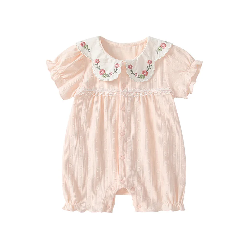 

MINISO Summer Baby Girl Pink Doll Collar Front Open Button Romper Short Sleeve Embroidered Flowers Newborn 0-1 Years Bodysuits