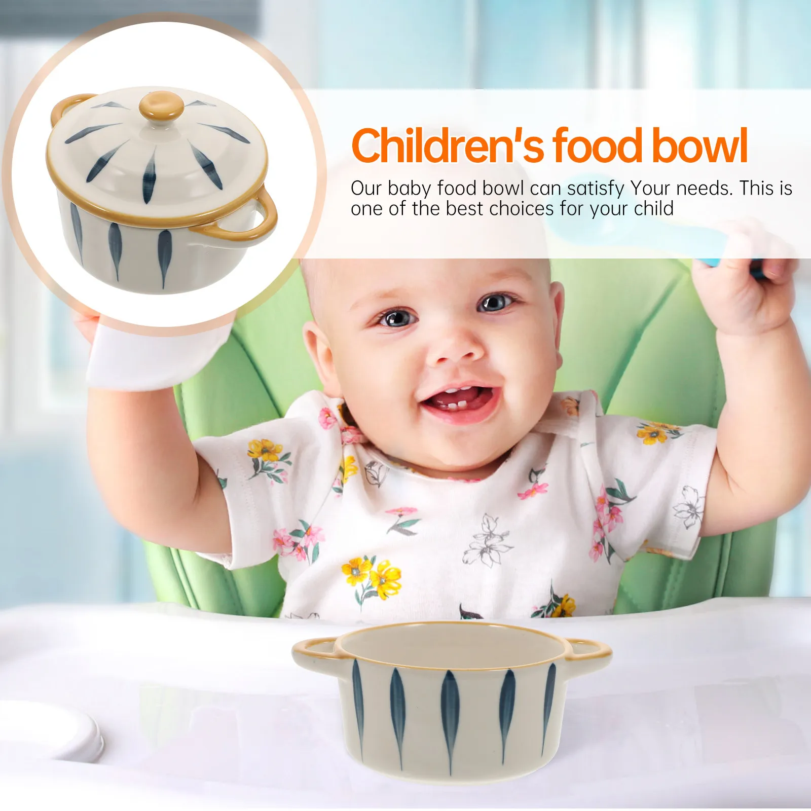 

Ceramic Steamed Egg Bowl Hand-Drawn Design Food Bowl with Double Handles and Strong Suction Cup for Steamed Eggs Pudding