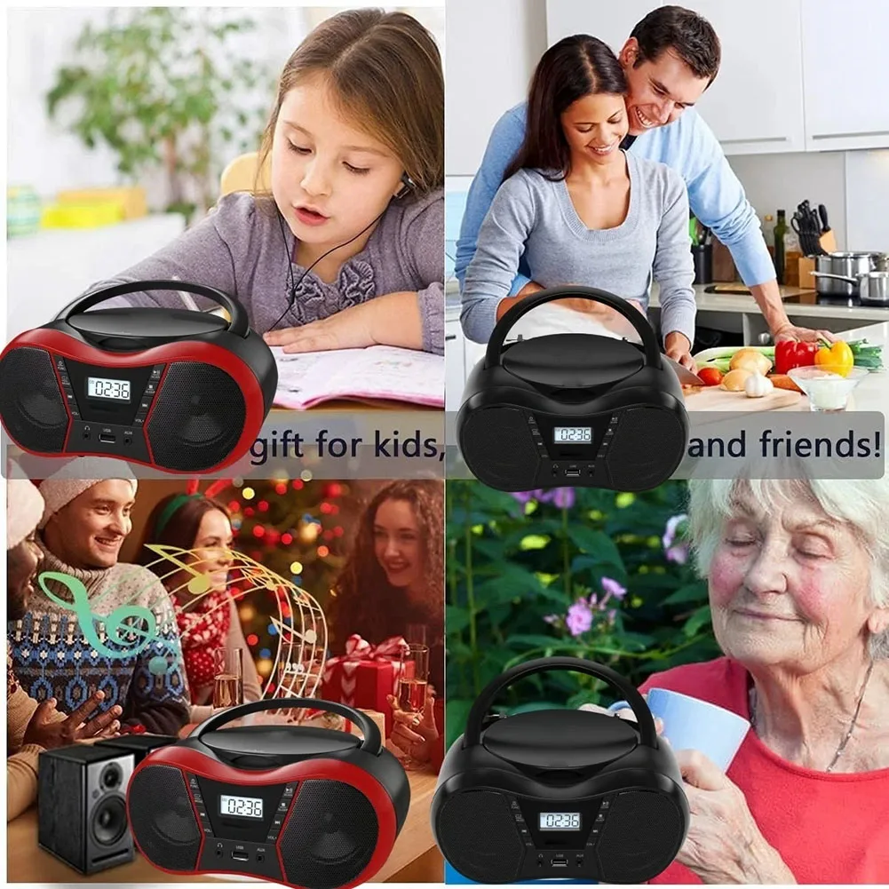 مشغل أقراص مضغوطة ستيريو محمول Boombox Aux مدخل ومقبس سماعة الرأس 3.5 ملم مشغل أقراص مضغوطة محمول بإضاءة خلفية شاشة LCD مشغل MP3