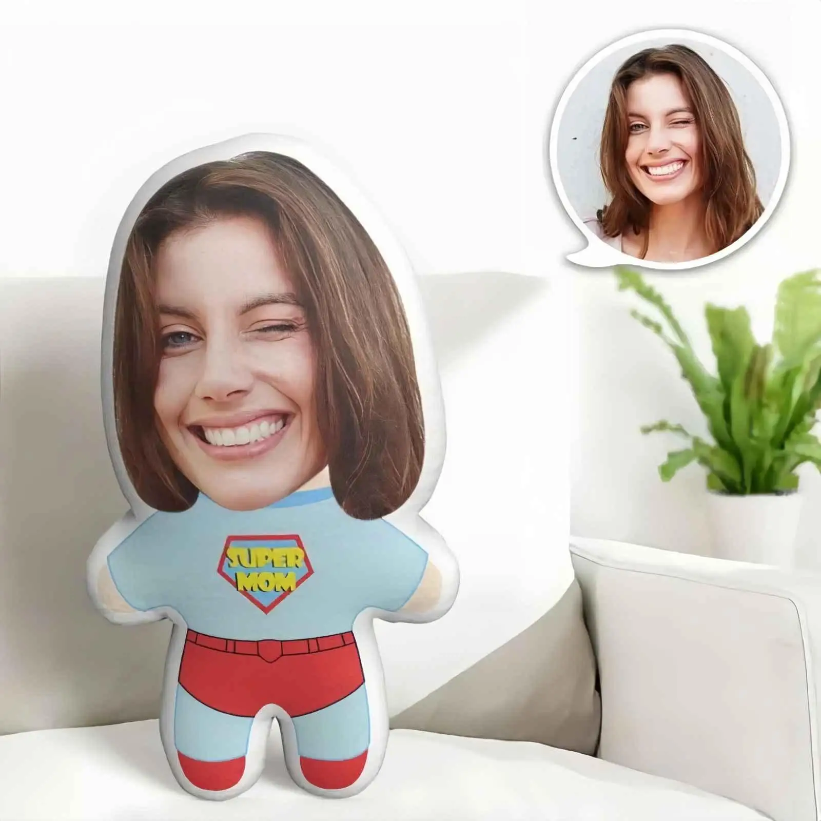 Super Mom Customized Photo Plush Pillow Personalized 3D Printed Face, Soft Polypropylene, Couple Home Decoration Cushion