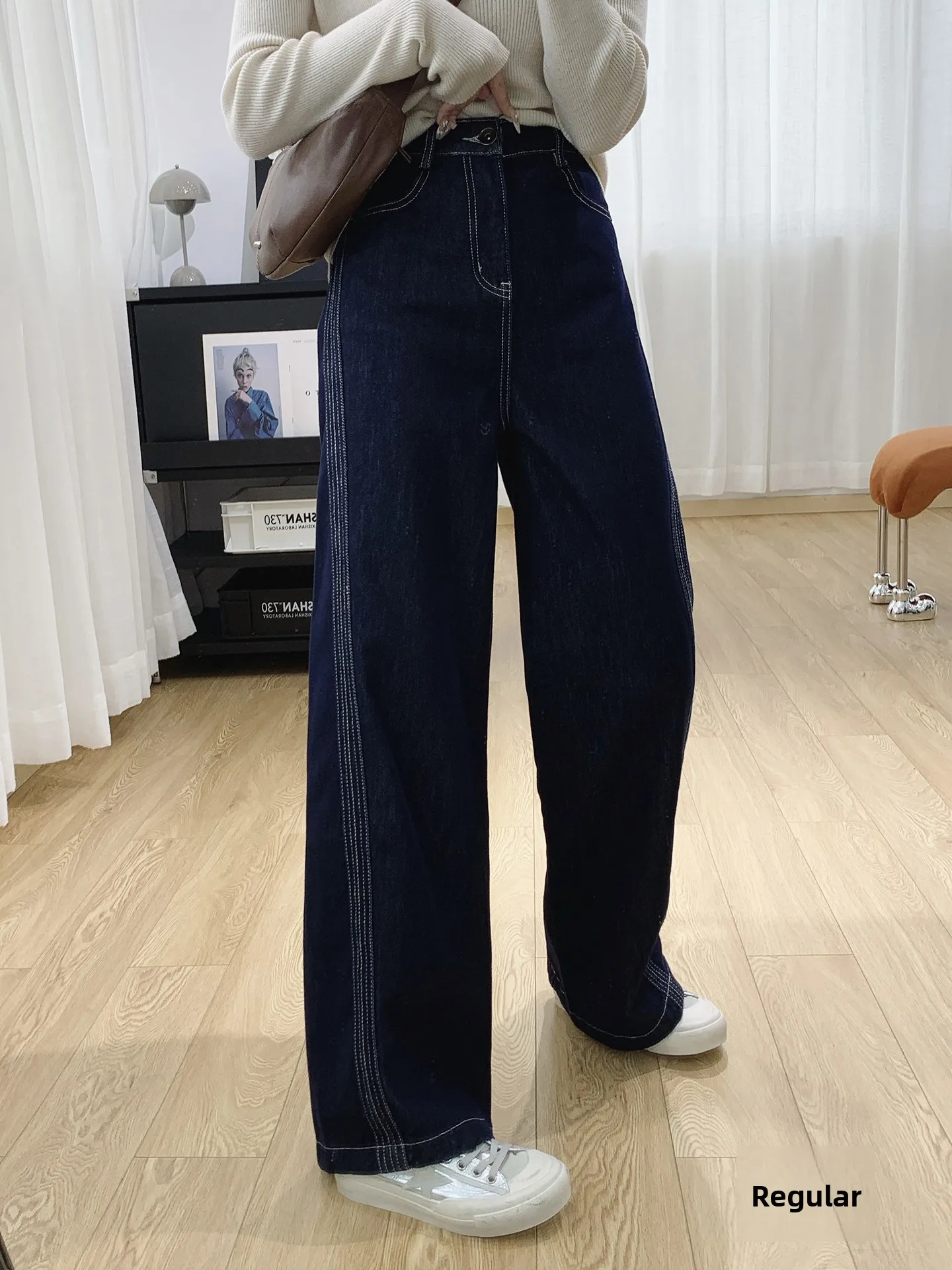 

Джинсовые брюки с высокой талией на подкладке, женские осенне-зимние свободные прямые бархатные широкие брюки, повседневные брюки из смеси хлопка