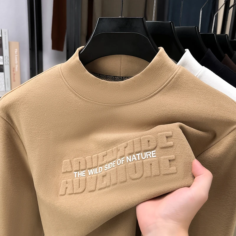 

Designer Original Men's Fleece-Lined Thickened Mock Neck Sweatshirt 3D Embossed Letter Warm Anti Pilling Long Sleeve Fall Winter