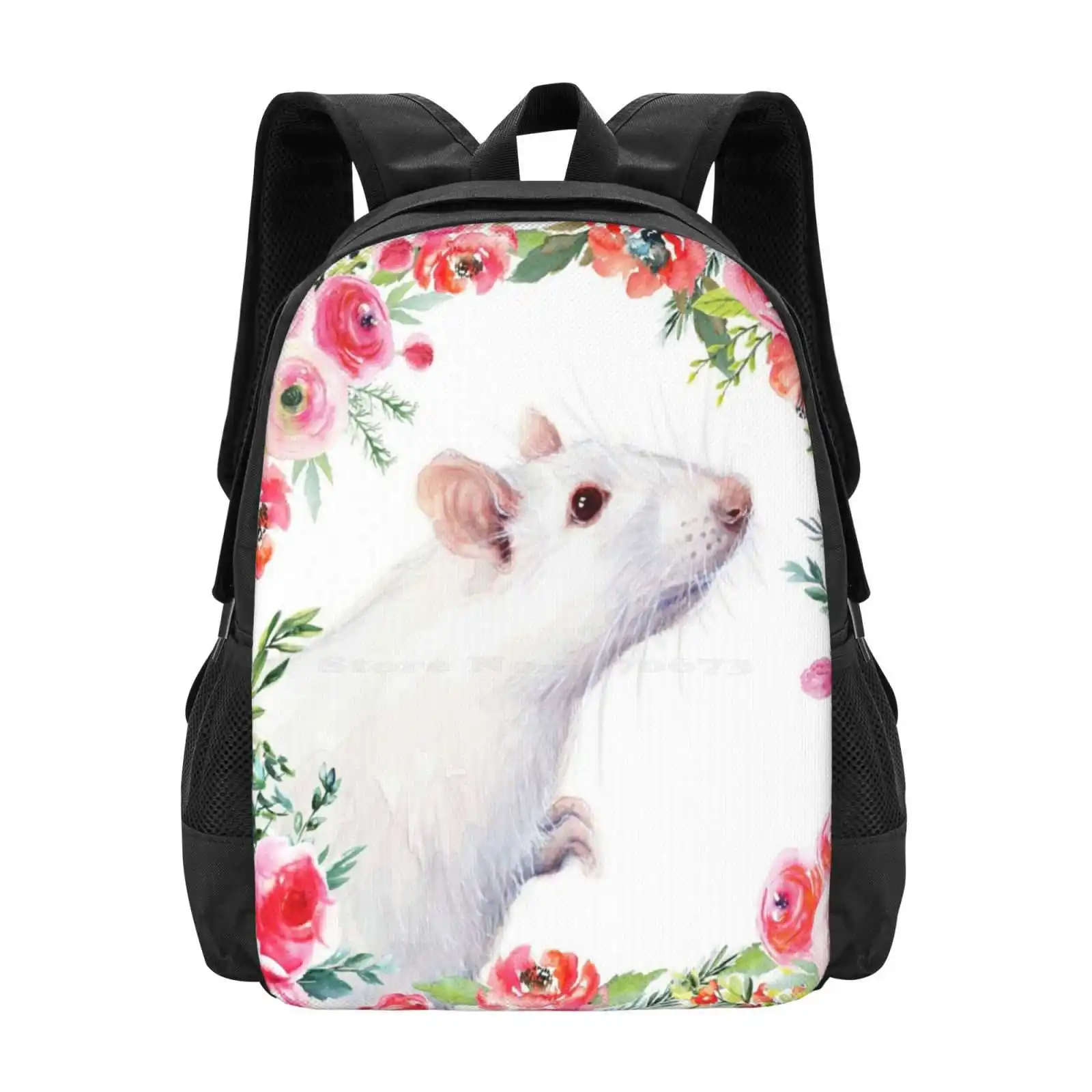 White Rat And Red Flowers Watercolor Floral Animal Fashion Pattern Design Travel Laptop School Backpack Bag White Rat Floral