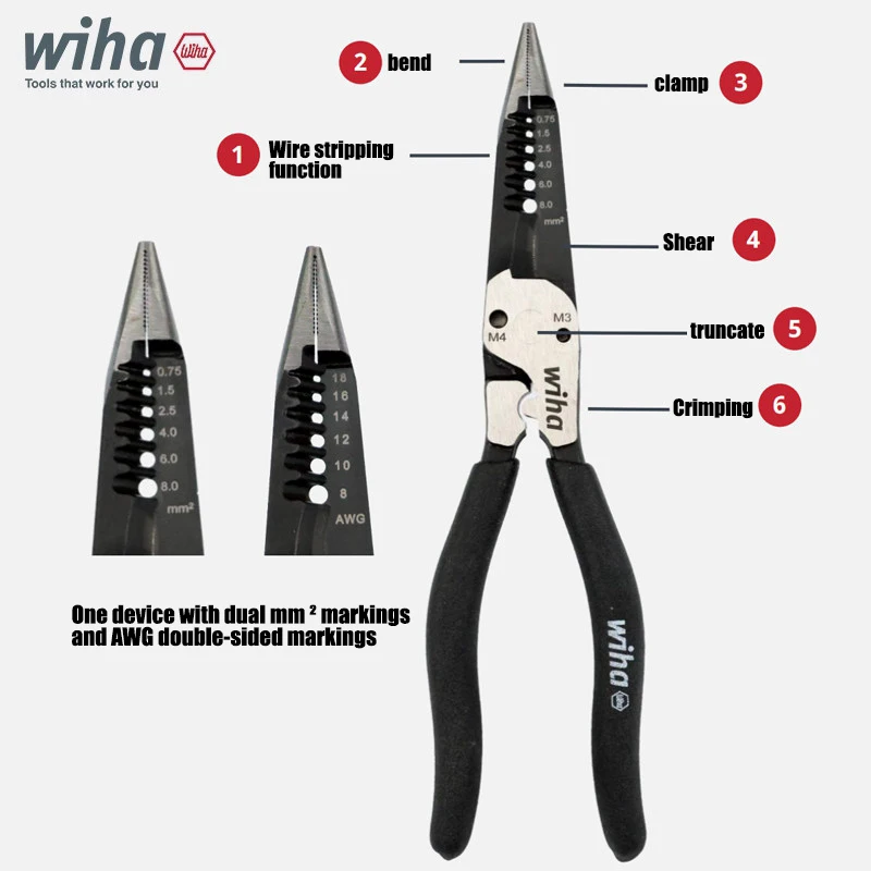 Wiha 46811 6-in-1 Multifunctional Wire Stripping Pliers, 200mm Cable Cutting Pointed Pliers, Manual Maintenance Tool 46811