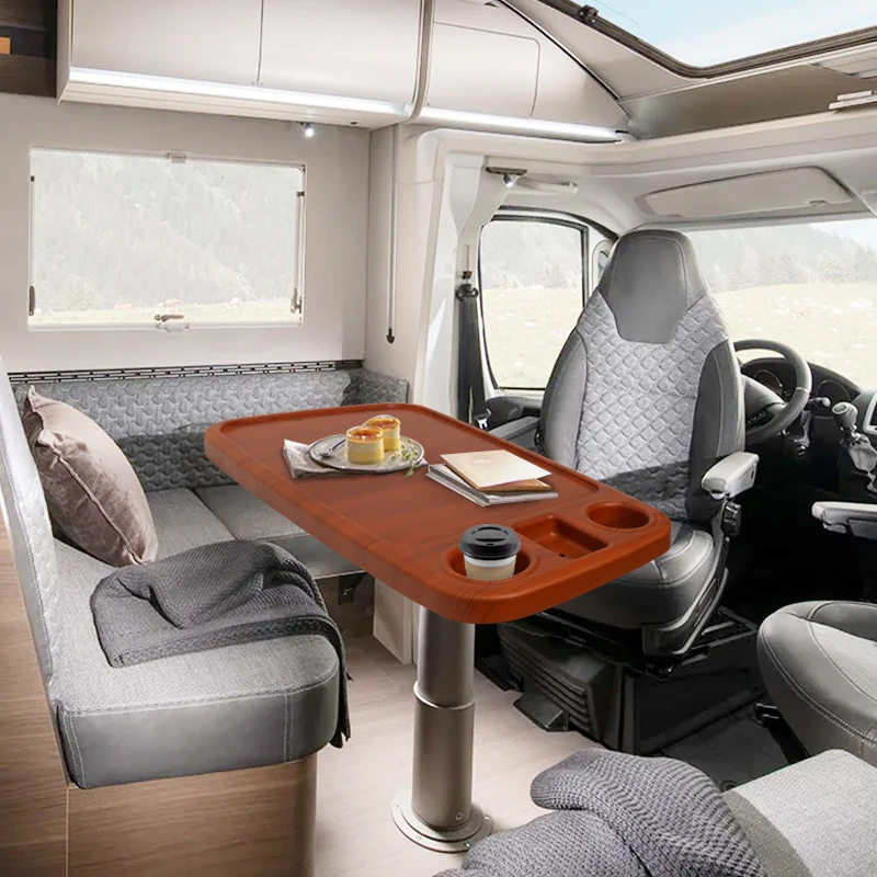 

Brown Boat Rectangular Pontoon Boat Table Marine RV Table Top Large Top With Built-in Cup Holders Phone Holder ABS Anti-aging