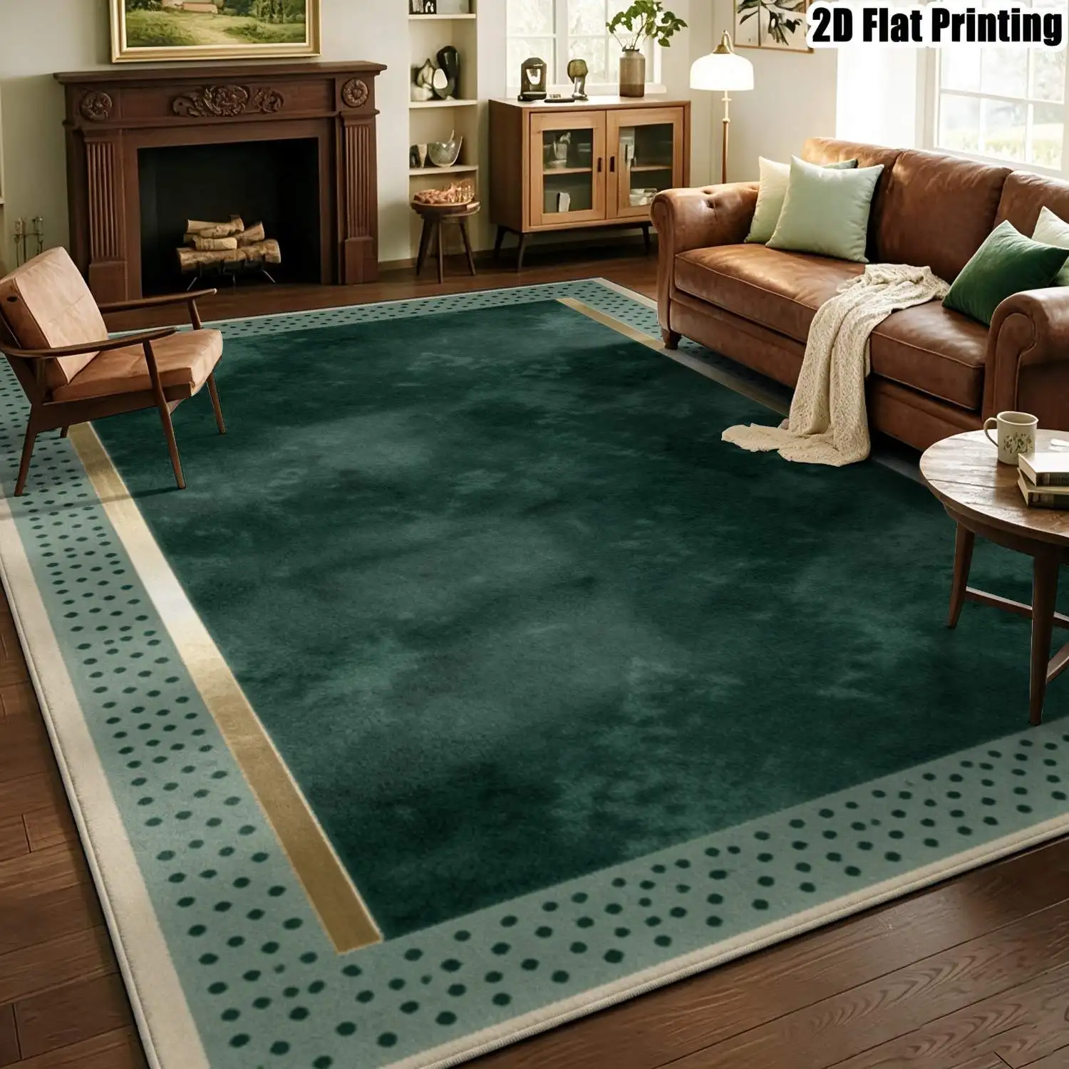 1Pc 2D Printed Carpet: Dark Green Gradient, Gold-Edged Border, Geometric Polka Dots, Versatile for Home Decor, Machine Washable, Multi-Size, Suitable for Entrance, Dining Room, Bedroom, Etc