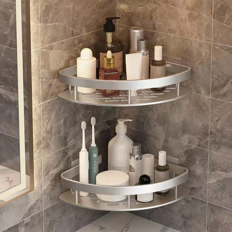 Bathroom Accessories Wall Mounted Storage Shelf Kitchen Alloy Minimalist Floating Wall Shelves Traceless Rack Shower Soap Holder