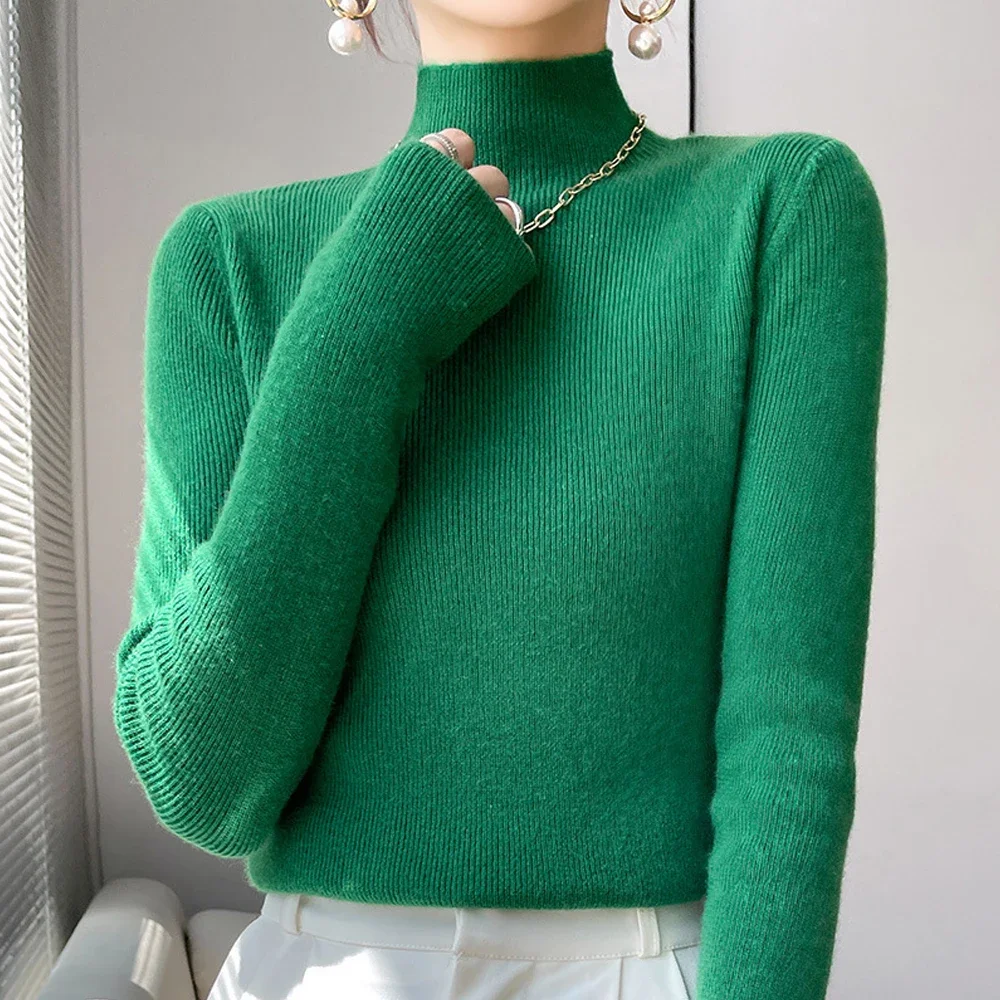 Black White Green Yellow Red Long Sleeved Knitted Sweater Girl S-XL High Collar Long-Sleeved Sweater Shirt Women Slim Tops Tees